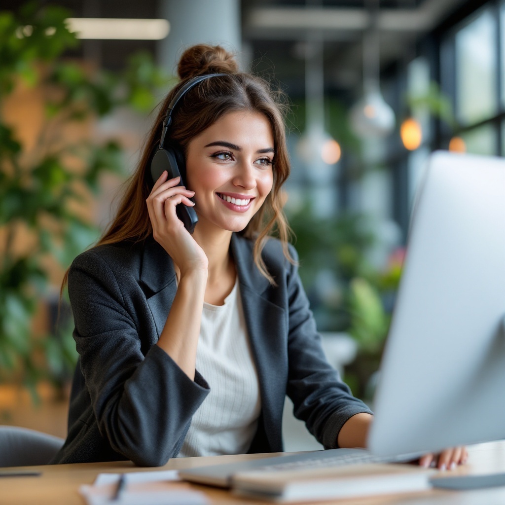 Vrouw achter de comuputer met telefoon