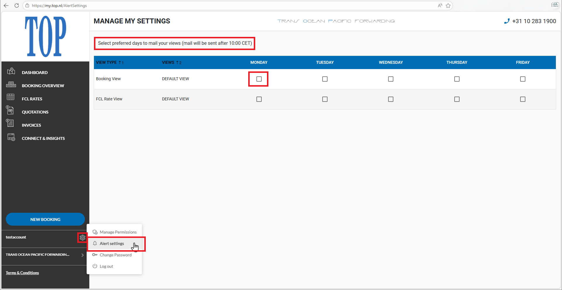 Alert Settings met realtime ETA- en ETS-updates in het my.top.nl-portaal van TOP